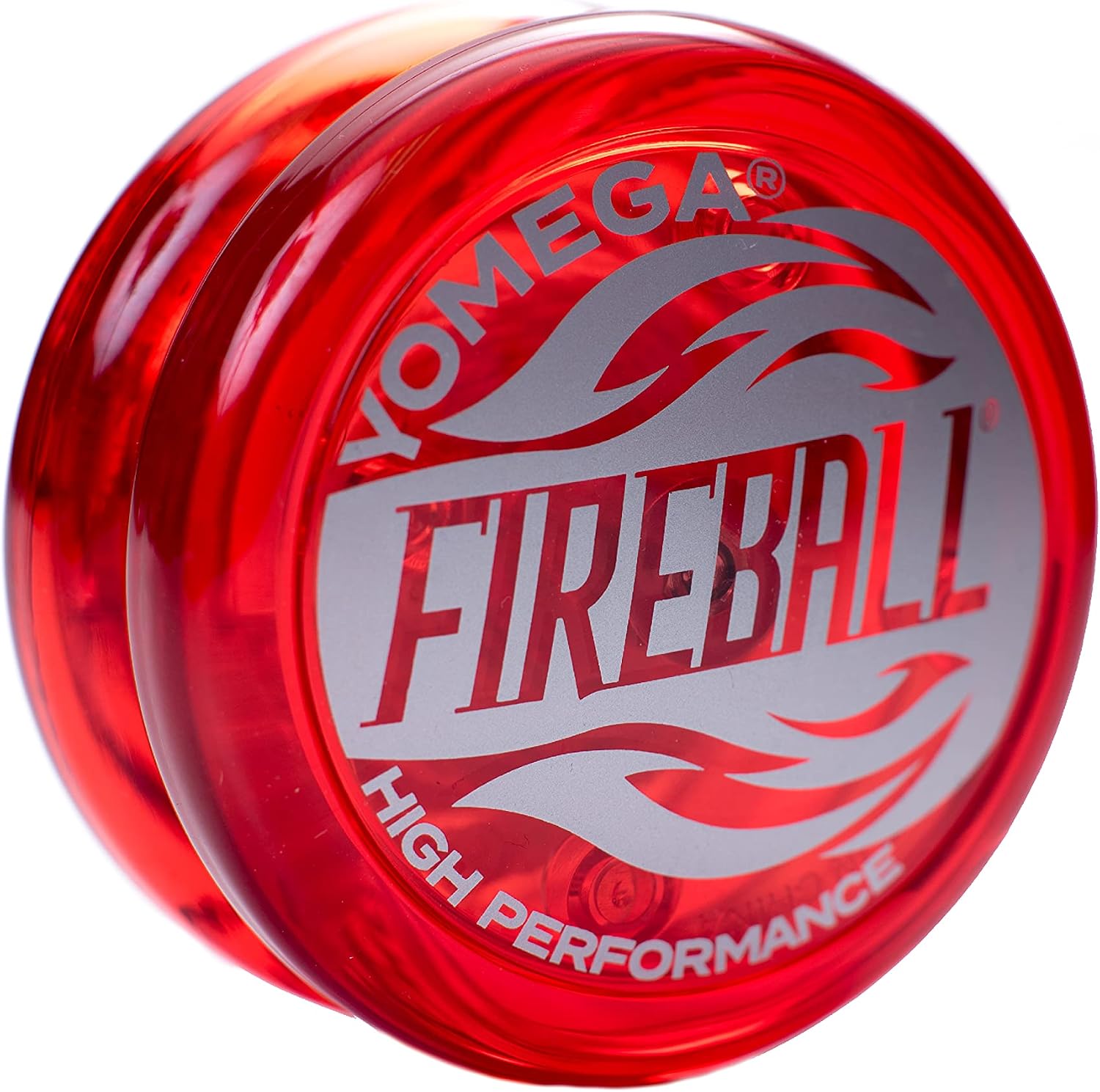 Yomega Fireball transaxle yo-yo in translucent red with silver flame logo